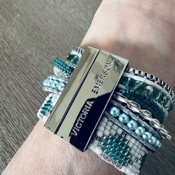 Victoria Emerson Teal Blue Multistrand Beaded Cuff Bracelet - Picture 2 of 5